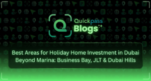Business Bay Dubai holiday home investment skyline", "Dubai Hills short-term rental investment community